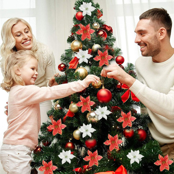 Greentime 16-Pc Glitter Poinsettia Flowers – 6in Artificial Light Red Christmas Decor With Clips & Stems For Tree, Wreath, Party - View #9