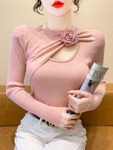 Elegant Hollow out Long Sleeve Knitwear Womens Spring Autumn Butterfly Knot Inner Wear Base Shirt Heavy Work Commute Style