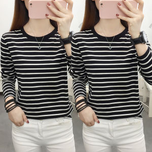 Womens Loose Fit Long Sleeve T-Shirt Pure Cotton Striped Base Layer Shirt Spring Autumn plus Size Printed Slimming Versatile Trendy Top