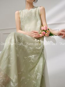 PlumJan | Đầm Maxi In Hình Cây Dài Tay Hơi ôm Màu Xanh Lá Nhạt Phong Cách Rừng Mùa Hè