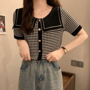 Women Knitted Blouse Contrast Color Doll Sailor Collar Knitted Crop Top