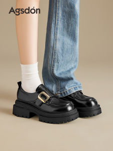 Agsdon Womens Thick Bottom Loafers Black Versatile Single Shoes Fashionable British Style Autumn Season Casual Footwear