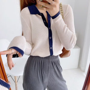 Slimming Korean Style Polo Neck Knitted Sweater Long Sleeve Ribbed Elastic Vintage Open Cardigan Womens Design Top