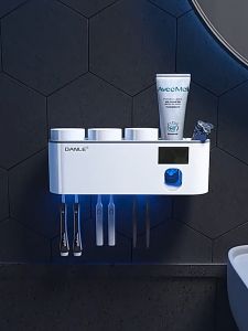 5 IN 1Toothbrush Holder with Sanitizer UV Disinfection Wall Mounted Toothbrush Cup Rack Toothpaste Dispenser Bathroom Organizer Rack