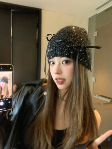 Casual Sequin Embellished Butterfly Knot Hat Womens Knit Hat Y2K Spicy Girl Style Face-Revealing Small Package Top Stacking Cap