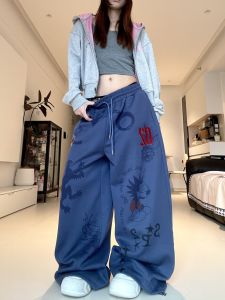 Casual American Jazz Dance Pants Womens Wide Leg Loose Straight Sport Sweatpants Graffiti Print Comfortable Cotton Trousers