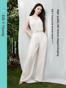 ESE·Y | Elegant High Waist Wide Leg Pants White Acetate Thin Straight Cut Summer Womens Fashion Comfortable Soft Drapey Trousers