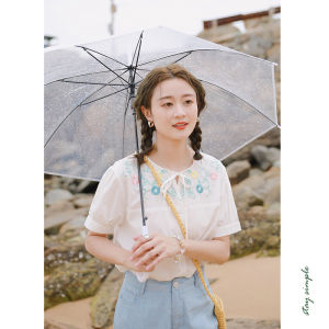 Hua Ji B471 Womens Pure Cotton Short Sleeve Embroidered Shirt Sweet Countryside Style White Color Summer New Arrival Polo Collar