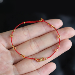 18K Gold Woven Red Rope Bracelet for Women New Chinese Style Design Lucky Copper Coin Hand Cord Fashionable Retro Court Jewelry