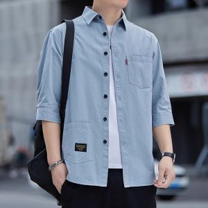 Mens Casual Cotton Shirt Short Sleeve Loose Fit Summer Quick Dry Seven-Foot Sleeve Mens Button-Up Pure Color Shirt