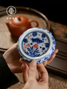 Jingdezhen Blue And White Fish Algae Pattern Tea Cup Mat Small Purple Sand Pot Lid Tray Ceramic Handmade Tea Ceremony Accessories