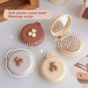 【Hot Sale】Cartoon Foldable Air Bag Comb Cute Mini Bear Travel Portable Massage Comb with Mirror Girl Hair Brush Anti Static Air Cushion Hair Combs Styling Tool Kids Gift