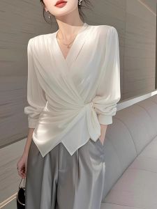 Elegant White Silk Shirt Womens Fashion Slim Fit Long Sleeve Waist-Cinching Versatile Top Korean Style Commute Wind Loose Fit