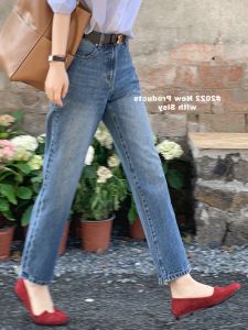 High Waist Straight Leg Light Wash Retro Hong Kong Style Womens Jeans Spring Summer Versatile Deep Blue Trousers