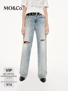 MO&Co. | Hand-Grinding Holes Cat Mustache Washed Cotton Straight Leg Jeans