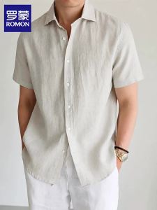 ROMON | Breathable Summer Flax Shirt Retro Casual Tencel Mens Short Sleeve