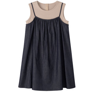 Summer Thin Cotton Denim Vest Skirt Dress Girls Fake Two-Piece Dress Sweet Style Daily Wear Childrens Clothing by Hacikis