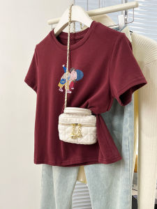 Cartoon Print Pure Cotton Short Sleeve T-Shirt Womens Summer Loose Top Shoulder Width Regular round Neck Basic Style