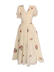 plus Size Floral Embroidery Bubble Sleeve Dress Womens Summer Waist Cinching Slimming Concealing Skirt Korean Style Long Dress