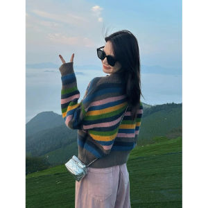 Color Blocking Striped V-neck Knit Sweater Cardigan Female Autumn Spring