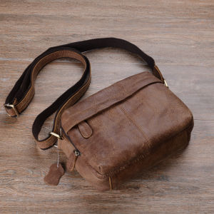 Handmade Genuine Mad Horse Leather Mens Shoulder Bag Casual Crossbody Backpack Soft Foldable Single Strap Youth Small Size