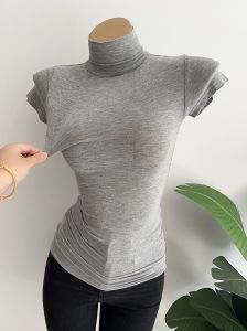 Kinh Điển Thuần Dục Xám! Áo Phông Cộc Tay Cao Cấp Bán Chạy INS Áo Mặc Trong Thon Gọn Bó Sát Tôn Dáng Cổ Cao Hơi Xuyên Thấu