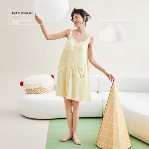 yuenei | Pure Cotton Summer Sleepwear Womens Nightgown With Chest Pad Thin Strap Vest Large Size Breathable Comfortable Sleep Dress