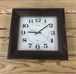 Đồng hồ treo tường nội địa Nhật Seiko chính hãng vỏ gỗ hình vuông dày đẹp