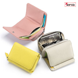Japan Style Short Real Leather Ladys Three-fold Mini RFID Card Holder Wallet Large Capacity New Multifunctional Zipper Coin Purse Storage Pouch