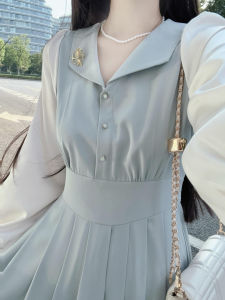 Elegant French Style Blue Dress Ageless Gentlewoman Look Spliced Shirt Long Skirt High Waist Daily Wear Autumn New Arrival