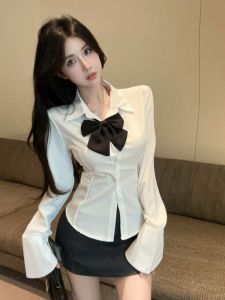 GUZILIAN | White Bell Sleeve Waist-Cinching Shirt Design High-Waisted Bodycon Skirt Fashionable Set Womens Clothing Korean Style Commute