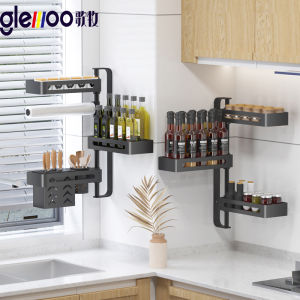 Black Kitchen Rotating Spice Rack No Drilling Required Corner Multi Functional Storage Aluminum Wall Mounted Organizer