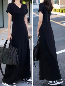 Ankle-Length V-Neck Slim Fit Short Sleeve Dress Black Large Size A-Line Skirt Polyester Fiber Summer Commute Style Dress