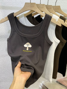 Cute Mushroom Print Camisole Tank Top Women Summer Outerwear American Style Ribbed Pure Cotton Slim Fit Underwear Shirt