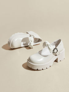 Lu He Shen Lin Bow Mary Jane Shoes Thick Heel Japanese JK Shoes with Skirt Genuine Leather White Leather Shoes Womens Summer