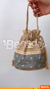 Tas Serut Polkadot Renda Paris | Tas Kosmetik Kanvas | Tenteng Snack Souvenir Anak