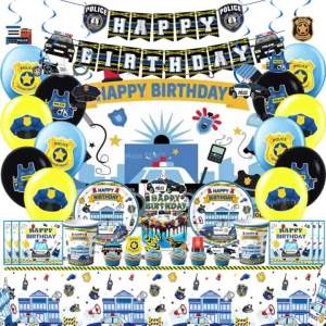 Hasbro | 106Pcs Police Car Themed Party Supplies Set Cartoon Tableware Kit with Plates Cups Napkins Banner - Birthday Decoration for Boys