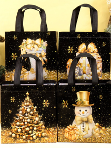 4/8pcs Christmas Black Golden Tote Bags with Handles Santa Claus Printed Large Non Woven Gift Bag 2026 Navidad Party Supplies Xmas Tree Snowman Designs Gift Packaging for 2027 Happy New Year