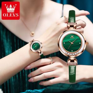 OLEVS authentic leather watch for women korean style waterproof original double diamond dial women casual watches green/black