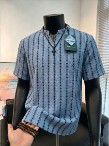 American Vintage Breathable Short Sleeve T-Shirt Striped Hollow V-Neck Textured