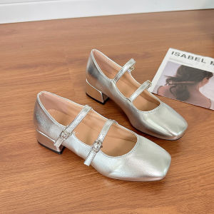 Silver Mary Jane Shoes Womens 2025 New Spring Square Head Thick Heel Small Leather Shoe Buckle Strap Ballet Flat Shoes