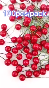 100PCS Christmas Decor Artificial Flower Small Berries Cherry For DIY Wedding Cake Box Pearl Wreaths Xmas Tree Ornament Decorations Gift Box Wreaths Craft