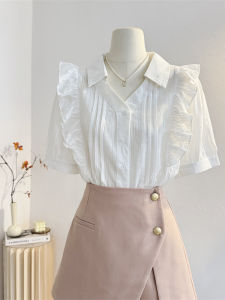 WANGGONGZHU | French Style V-Neck Short Sleeve Loose Shirt Women Summer New Fashion Design Sensation Gored Edge Top Breathable Skin-Friendly