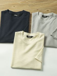 Knitted Waffle Round Neck Pullover Short Sleeve T-Shirt Mens Solid Color Casual Fashion Breathable Summer Top Urban Style
