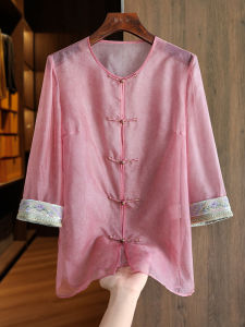 Pink High-End Feeling Silk Shirt Women Summer Seven-Arm Sleeve Retro Embroidery Mulberry Silk New Chinese Style Button Top