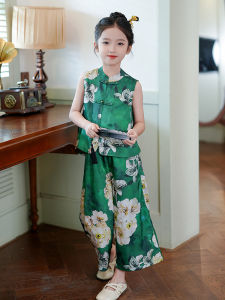 Traditional Chinese Style Childrens Clothing Set for Girls Summer Season Two-Piece Suit Floral Pattern