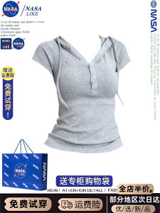 Áo Thun Nữ Tay Ngắn Cổ Chữ V NASA American Sweet Spicy Bé Gái Thiết Kế Ôm Vừa Vặn Eo Thon Gọn Vai Áo Thun Cotton Mùa Hè