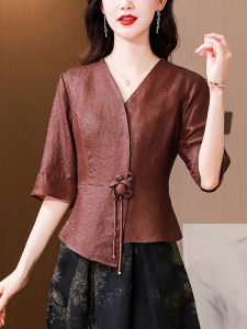 Red Cloud Silk Shirt Short Sleeve Asymmetrical Hemline Waist-Cinching Mommy Summer Fashion Brand Hangzhou Top Womens Clothing