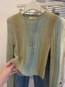 PAIBOLI | Za Dye Gradient Stripe Knit Top Womens Long Sleeve Short Style