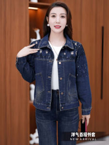 Washed Denim Short Jacket Womens Spring Autumn New Bright Sequin Short Coat Small Size Top Commute Style Cotton Polyester Blend
